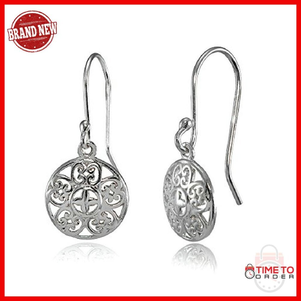 925 Sterling Silver Vintage Filigree Dangle Earrings 28mm Hook Back - Picture 2 of 5